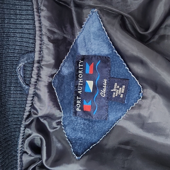 PORT AUTHORITY VINTAGE SUADE BOMBER LEATHER JACKET, LARGE, BLUE AND BROWN - Picture 6 of 10